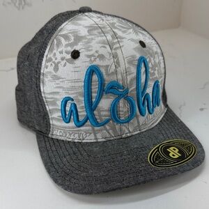 Gray and White Cap with Blue 'Aloha' Embroidery